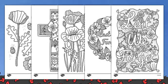 Remembrance Day Themed Mindfulness Colouring Sheets - colouring, pd, fine motor skills, well being, stress, relax, unwind, early years, ks1, ks2, art, home learning, display, war, first world war, second world war, past, history
