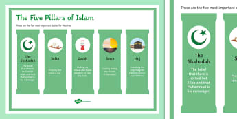 Five Pillars of Islam Display Poster - Islamic Practices GCSE Material, hajj, sawn, zakah, salah, shahadah.