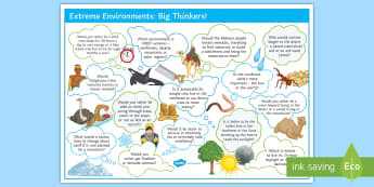 Extreme Environments Big Thinkers! Display Poster - mountains, polar, rain forest, desert, animals, plants, adaptation, thinking, extension, debate