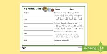 Healthy Living Diary Record Sheet - healthy living, healthy living diary, healthy eating, healthy eating diary, health diary, food and sleep diary, what Ive eaten today