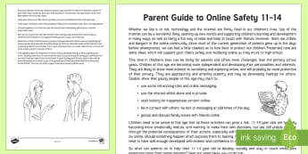 E-safety Advice for Parents of Children Aged 11-14 Parent and Carer Information Sheet - secondary, child, wellbeing, questions, teenager, talking, esafety, internet, cyberbullying