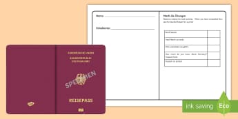 Passport Activity Sheet German - Open, Evening, Ideal, Introduction, Fun,German, worksheet
