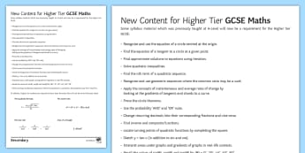 GCSE Maths: Higher Tier New Topics Checklist - New curriculum, 9-1, kS4, Objectives, content
