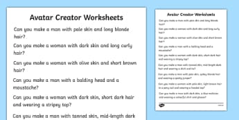 Avatar Creator Worksheets - worksheets, worksheet, work sheet, sheets, avatar creator, avatar creator worksheets, avatar worksheets, activity, writing frame, filling in, writing activity