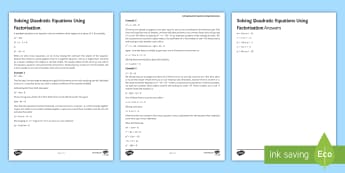 Solving Quadratic Equations By Factorising Activity Sheet - quadratic, rearrange, brackets, equations, solutions, factorising, solve, square, coefficients, work