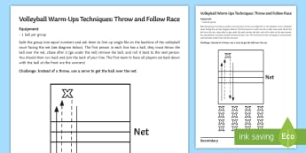 Volleyball Warm-Up: Throw and Follow Race Techniques Card  - volleyball, warm-up, warm, up, pass, throw, follow
