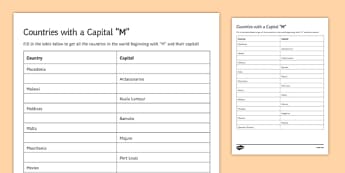 Capitals M Geography Club Activity Sheet, worksheet