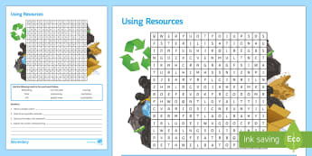 Using Resources Word Search - bioleaching, phytomining, potable water, sustainability, finite