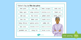 Father's Day Word Mat English/French - Father's Day, fête, pères, word, mat, vocabulary, support, key, spelling, reference, writing, tas
