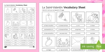 Valentine's Day Vocabulary Activity Sheet  - Valentine's Day, French, 14th February, Saint Valentin, vocabulary, vocabulaire,French