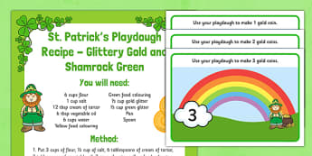St Patrick's Day Playdough Recipe and Mat Pack - Fine motor skills, malleable, Ireland, shamrock, leprechaun