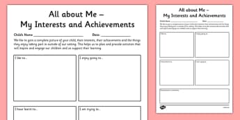 Parent and Child Review of Interests and Achievements at Home Tracking Sheet Template - EYFS assessment, Early years assessment