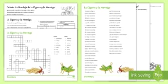 Spanish Literature Lesson Pack to Support Teaching on 'La Cigarra y la Hormiga' by Samaniego Spanish - literature, ant, grasshopper, grammar, activity, sheets, reading