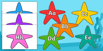 A-Z Alphabet on Starfish - Fish, Under the sea, Alphabet frieze, Display letters, Letter posters, A-Z letters, Alphabet flashcards, sea, seaside, display, posters, water, tide, fish, sea creatures, shark, whale, marine, dolphin, starfish, waves, sand
