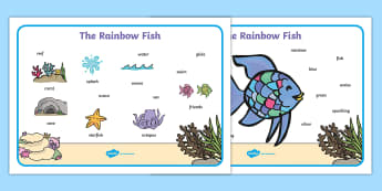 Word Mat (Images) to Support Teaching on The Rainbow Fish - The Rainbow Fish, Marcus Pfister, resources, Rainbow Fish, PSHE, PSE, octopus, shimmering scales, starfish, friendship, under the sea, sea, story, story book, story book resources, story seq