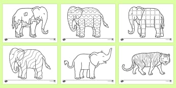 Colouring Sheets to Support Teaching on Elmer - Elmer, Elmer the elephant, resources, Elmer story, patchwork elephant, PSHE, PSE, David McKee, colours, patterns, story, story book, story book resources, story sequencing, story resources, Colouring Sh