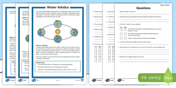 Winter Solstice KS2 Differentiated Reading Comprehension Activity - Yule, Yuletide, Midwinter, Christmas, Solstice, hemisphere, orbit, sun, seasons, sats practice, read