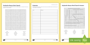 Avalanche Rescue Word Search - Natural Hazards, tornado, hurricane, prepare, predict, formation, avalanche, rescue