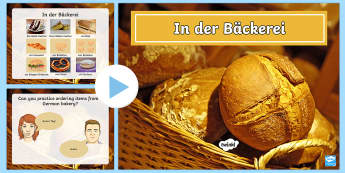 Ordering Items in a Bakery PowerPoint-German - In and Around Town, german, mfl, translation, town, presentation, map, food, bread, cakes, shop, sho