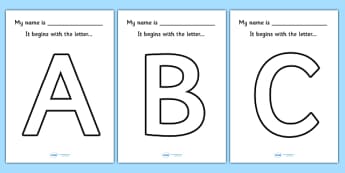 'My name begins with the letter...' Big Letter Colouring Sheets - my name begins with, my name begins with sheet, name initials, initials, a-z initials worksheets, a-z initials posters