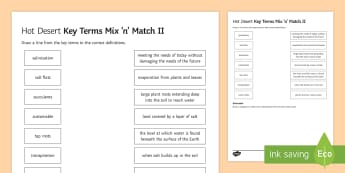 Hot Deserts Mix And Match 2 Activity Sheet - ks4, gcse, glossary, key term, living world, AQA, worksheet, definitions
