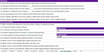 Form Tutor Reports KS3/4 Bank of Statements Spreadsheet - template, aid, writing, annual, targets, personalised 
