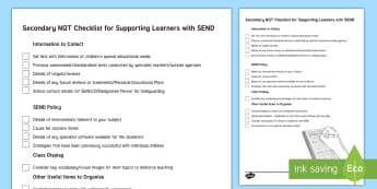 Secondary NQT Supporting Learners with SEND Checklist  - Secondary, NQT, SEND, Checklist
