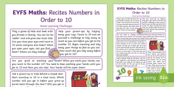 EYFS Maths: Recites Numbers in Order to 10 Home Learning Challenges - Mathematics, number, count, counting, home learning, home school links, parents, homework, counting,