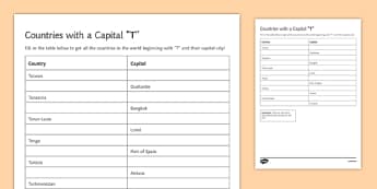 Capitals T Geography Club Activity Sheet, worksheet