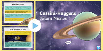 Cassini-Huygens Saturn Mission Information PowerPoint -  topical space, saturn, titan, probe, space, saturns rings, enceladus
