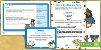 Pirates Small World Play Idea and Printable Resource Pack - Pirates, sensory, rainbow rice, tuff tray, tuff spot, builders tray, buried treasure, fantasy, sand,
