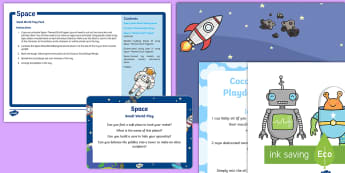 Space Small World Play Idea and Printable Resource Pack - Space, tuff spot, tuff tray, planet, rocket, play tray