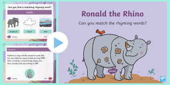 Ronald the Rhino Rhyming PowerPoint - Ronald the Rhino, children's book, rhyme, story, text, rhyming couplets, syllables, Leopard, Python