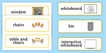 Classroom Furniture Labels - Classroom furniture, furniture label, door, chair, table, window, desk, carpet, bin, dustbin, whiteboad, chalkboard, classroom areas