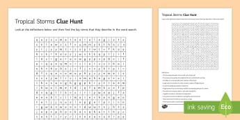 Tropical Storms Clue Hunt Activity Sheet - cyclone, climate, change, typhoon, developing, countries worksheet