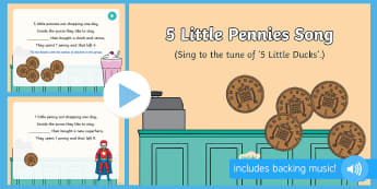 5 Little Pennies Song PowerPoint - maths, money, penny, spending, name songs, singing, song time