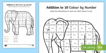 Addition To 10 Colour By Numbers Sheet to Support Teaching on Elmer - add, adding, maths