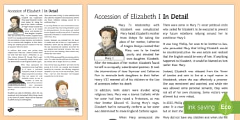 The Accession of Elizabeth I Information Sheet - Elizabethan Religious Settlement, Protestant, Catholics, religion, religious, plots, rebellion, over