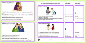 KS3 Types of Friendship Description Cards - ks3, types, friendship, description cards