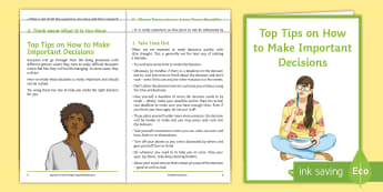 Top Tips on How to Make Important Decisions Guide - young people, choices, relationships, feelings, anxiety, worry, change, transition