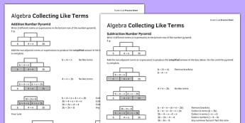 KS3_KS4 Maths Student Led Practice Sheets Algebra Collecting Like Terms - maths, KS3, KS4, GCSE, worksheet, practise, independent, growth mindset, algebra, collecting terms, terms, expressions, number pyramid