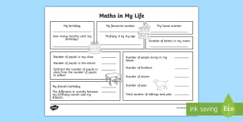 Year 3 Maths in My Life Activity Sheet - first week back, new school year activities, all about me, getting to know my class, worksheet, numb