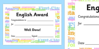 English Award Certificate - English Award Certificate, English, language, certificates, award, well done, reward, medal, rewards, school, general, certificate, achievement, England, skills, language skills
