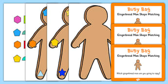 Gingerbread Man Shape Matching Busy Bag Prompt Card and Resource Pack - shapes, maths, EYFS, gingerbread man, matching, busy bag, prompt card