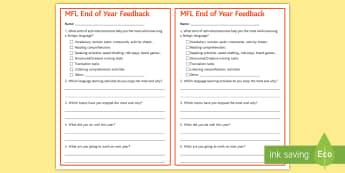 End-of-Year Feedback Questionnaire Cards - survey, modern, foreign, languages, reflexion, assessment, observation
