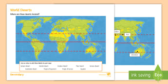World Desert Locations Activity Sheet - deserts, distribution, map, atlas, location, worksheet