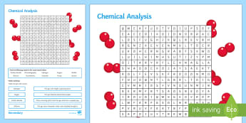 Chemical Analysis Word Search - formulations, soluble, insoluble, chromatography, purity