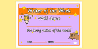 Writer of the Week Award Certificate - certificates, week, writer