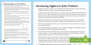 Secondary 15 Minute Revision Activities: Introducing Algebra to Solve Problems Activity Sheets - worksheet Problem Solving, Formulating Equations, Simultaneous, Linear, Quadratic , Using Forming