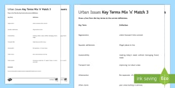 Urban Issues Mix and Match 3 Activity Sheet - Urban Issues and Challenges AQA GCSE, worksheet, match